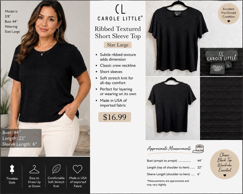 Carol Little Women’s Ribbed Textured Black Short Sleeve Knit Top Size L Classic